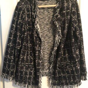 Plaid Boucle Jacket with Fringe Open Front Black Silver Sparkle Joan Rivers 1x
